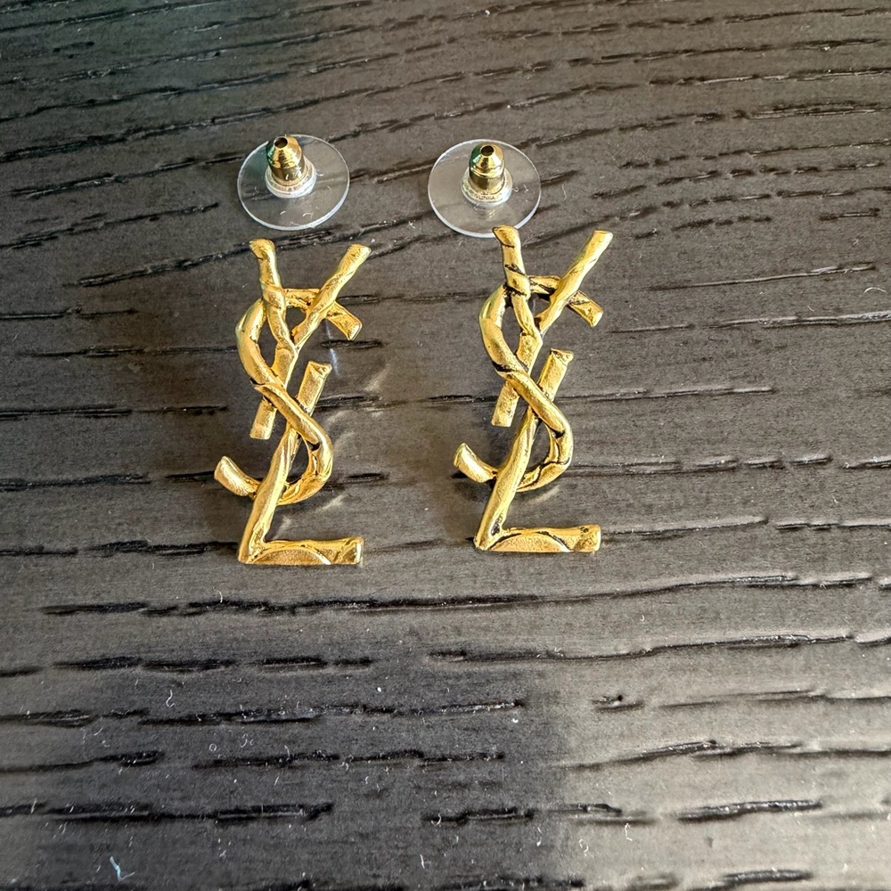 Yves Saint Laurent Textured Gold YSL Drop Earrings
